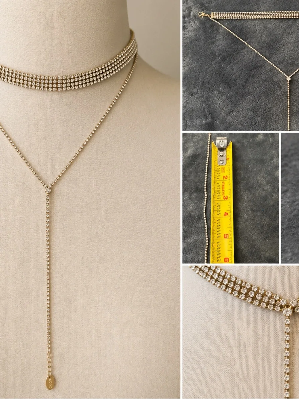 INC Gold Rhinestone Adjustable Y Choker Necklace Statement Evening Wedding
